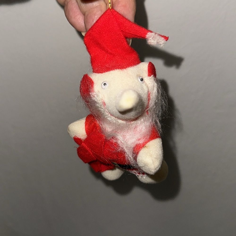 Vtg Flocked Plastic Elephant Dressed as Santa with Toy Pack Christmas Ornament